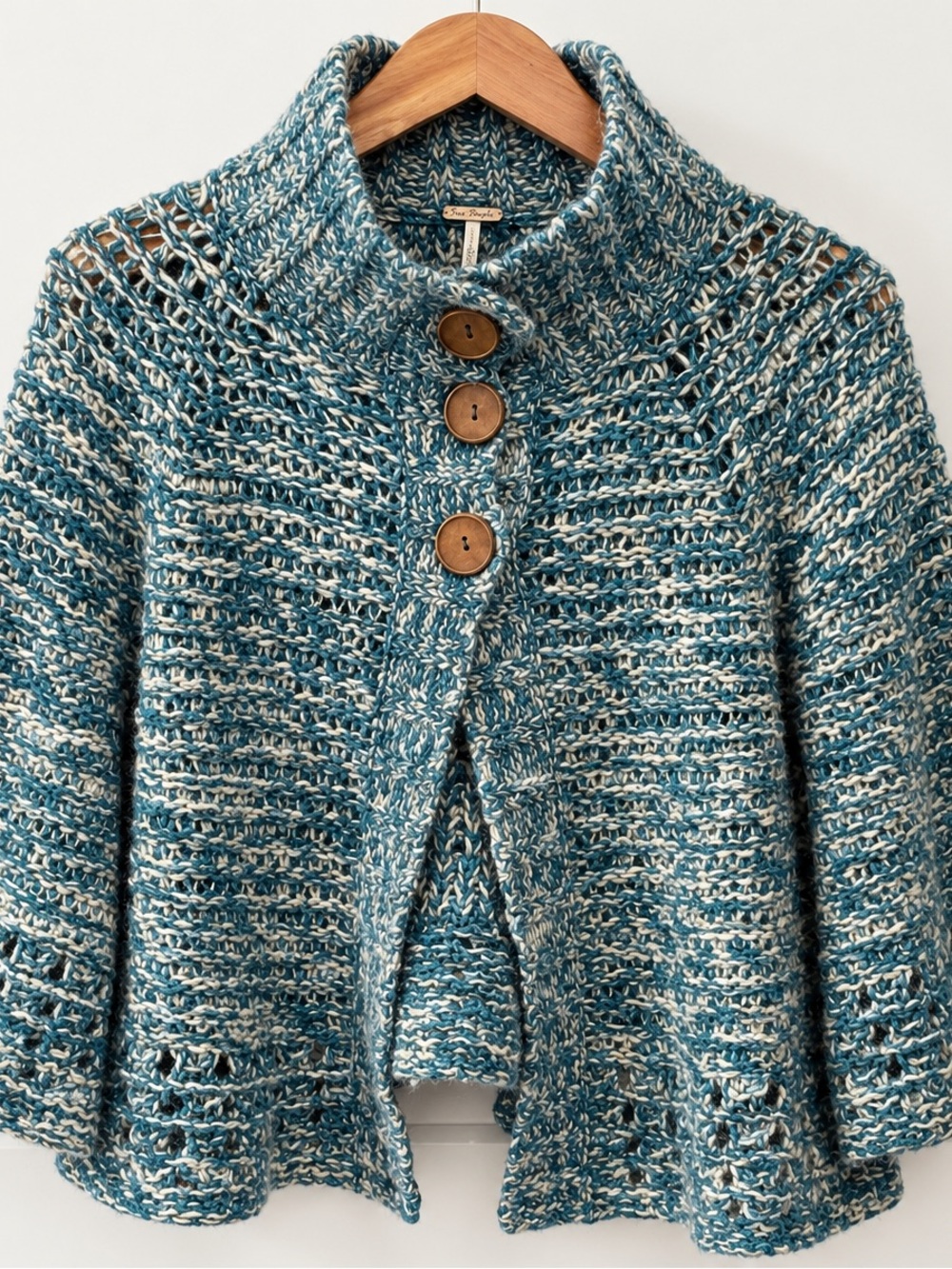 Free People Teal Ivory Metallic Knit Cape Cardigan Sweater